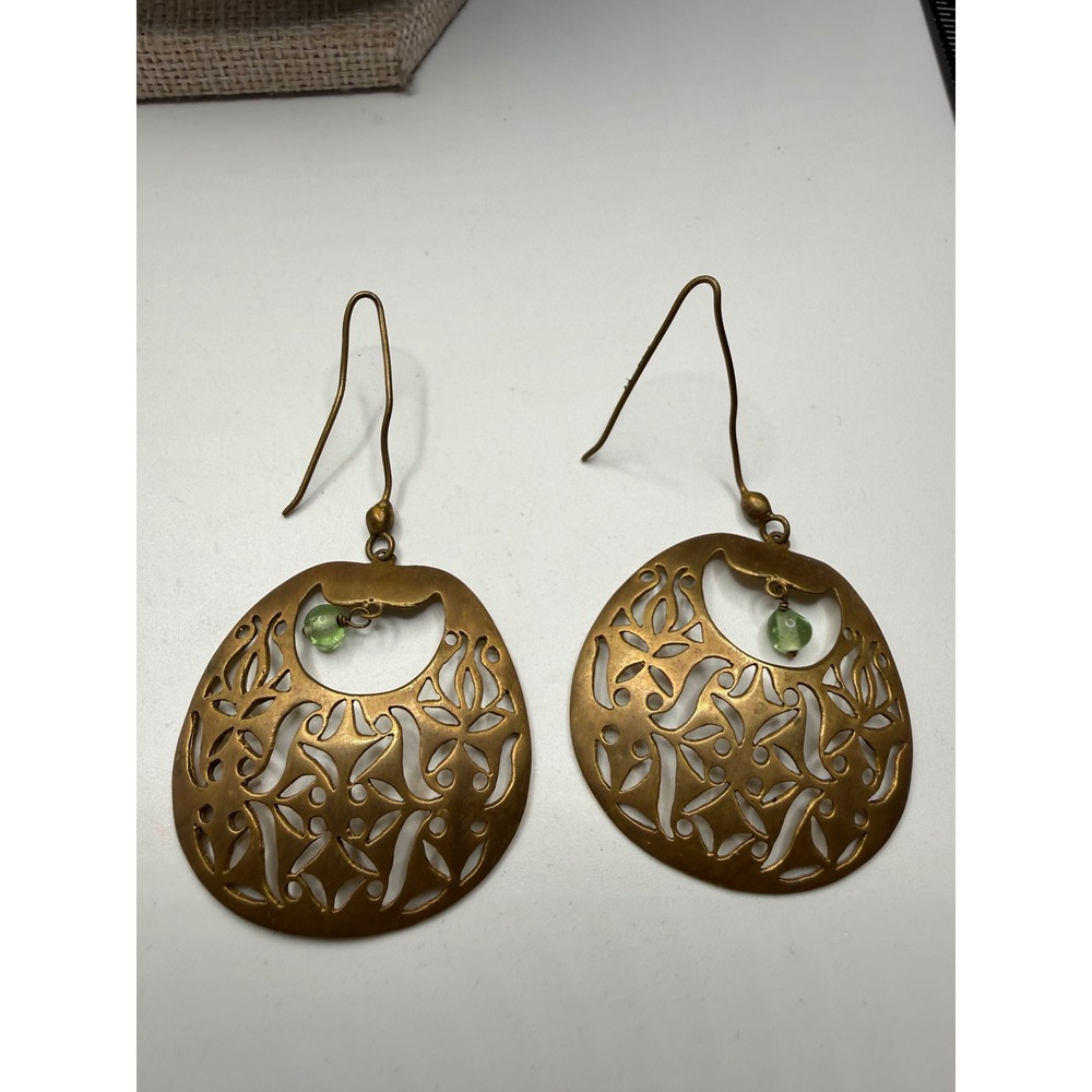 Vintage Brass Filigree Teardrop Earrings Green Glass Bead Boho Floral Cutout